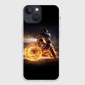 Чехол для iPhone 13 mini с принтом Flame в Екатеринбурге,  |  | fire | flame | helmet | motorcycle | night | racer | гонщик | мотоцикл | ночь | огонь | пламя | шлем