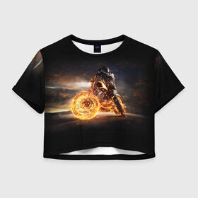 Женская футболка Crop-top 3D с принтом Flame в Екатеринбурге, 100% полиэстер | круглая горловина, длина футболки до линии талии, рукава с отворотами | fire | flame | helmet | motorcycle | night | racer | гонщик | мотоцикл | ночь | огонь | пламя | шлем