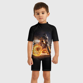 Детский купальный костюм 3D с принтом Flame в Екатеринбурге, Полиэстер 85%, Спандекс 15% | застежка на молнии на спине | fire | flame | helmet | motorcycle | night | racer | гонщик | мотоцикл | ночь | огонь | пламя | шлем