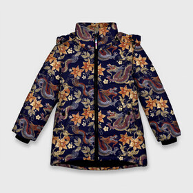 Зимняя куртка для девочек 3D с принтом Драконы и цветы в Екатеринбурге, ткань верха — 100% полиэстер; подклад — 100% полиэстер, утеплитель — 100% полиэстер. | длина ниже бедра, удлиненная спинка, воротник стойка и отстегивающийся капюшон. Есть боковые карманы с листочкой на кнопках, утяжки по низу изделия и внутренний карман на молнии. 

Предусмотрены светоотражающий принт на спинке, радужный светоотражающий элемент на пуллере молнии и на резинке для утяжки. | азиатский узор | азия | дракон | китай | китайский дракон | паттерн | цветы