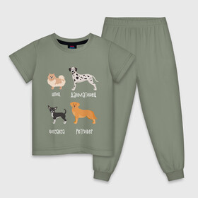 Детская пижама хлопок с принтом шпиц ретривер белый в Екатеринбурге, 100% хлопок |  брюки и футболка прямого кроя, без карманов, на брюках мягкая резинка на поясе и по низу штанин
 | Тематика изображения на принте: далматинец | песокафе | ретривер | собаки | чихуахуа | шпиц