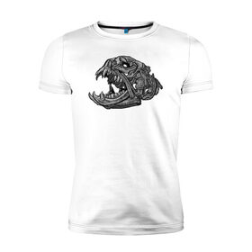 Мужская футболка премиум с принтом Архаичная рыба в Екатеринбурге, 92% хлопок, 8% лайкра | приталенный силуэт, круглый вырез ворота, длина до линии бедра, короткий рукав | голова | гравюра | зубы | кости | рыба | скелет | череп