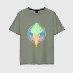 Женская футболка хлопок Oversize с принтом Мятное мороженое в Екатеринбурге, 100% хлопок | свободный крой, круглый ворот, спущенный рукав, длина до линии бедер
 | вафля | вкусно | круг | лето | мороженое | подтеки | посыпка | свечение | сладости