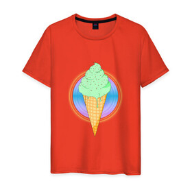 Мужская футболка хлопок с принтом Мятное мороженое в Екатеринбурге, 100% хлопок | прямой крой, круглый вырез горловины, длина до линии бедер, слегка спущенное плечо. | вафля | вкусно | круг | лето | мороженое | подтеки | посыпка | свечение | сладости
