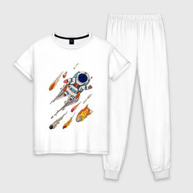 Женская пижама хлопок с принтом Космонавт в Екатеринбурге, 100% хлопок | брюки и футболка прямого кроя, без карманов, на брюках мягкая резинка на поясе и по низу штанин | космонавт | космос | метеорит | полет | ракета