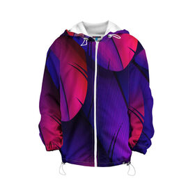 Детская куртка 3D с принтом Tropics в Екатеринбурге, 100% полиэстер | застежка — молния, подол и капюшон оформлены резинкой с фиксаторами, по бокам — два кармана без застежек, один потайной карман на груди, плотность верхнего слоя — 90 г/м2; плотность флисового подклада — 260 г/м2 | purple | абстрактный | абстракция | геометрический рисунок | геометрия | индиго | корея | кружево | листья | лого | неон | неоновая | неоновое | неоновые листья | неоновый | пальмы | рисунок | текстура