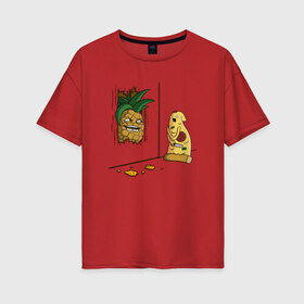 Женская футболка хлопок Oversize с принтом Пицца с ананасами в Екатеринбурге, 100% хлопок | свободный крой, круглый ворот, спущенный рукав, длина до линии бедер
 | broken door | evil | here pineapple | heres johhny | heres pineapple | parody | pineapple | pizza | rage | raging | а вот и ананас | а вот и джонни | ананас | злобная | злобный | нож | пародия | пицца | с ножом | сияние | сломал дверь | через дв