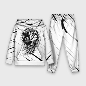 Детский костюм 3D (с толстовкой) с принтом Тигр | Tiger в Екатеринбурге,  |  | black | lion | tiger | white | белая | клыки | кот | котик | кошка | лев | полосы | светлая | тигр | чб | черная | черно белая