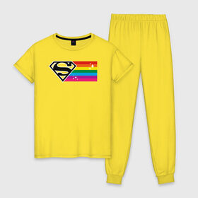 Женская пижама хлопок с принтом Superman Rainbow Logo в Екатеринбурге, 100% хлопок | брюки и футболка прямого кроя, без карманов, на брюках мягкая резинка на поясе и по низу штанин | dc pride | justice league | pride | superman | vdosadir | лига справедливости | прайд | радуга | супермен