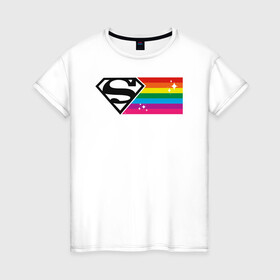 Женская футболка хлопок с принтом Superman Rainbow Logo в Екатеринбурге, 100% хлопок | прямой крой, круглый вырез горловины, длина до линии бедер, слегка спущенное плечо | Тематика изображения на принте: dc pride | justice league | pride | superman | vdosadir | лига справедливости | прайд | радуга | супермен