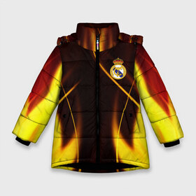 Зимняя куртка для девочек 3D с принтом Real Madrid Реал Мадрид в Екатеринбурге, ткань верха — 100% полиэстер; подклад — 100% полиэстер, утеплитель — 100% полиэстер. | длина ниже бедра, удлиненная спинка, воротник стойка и отстегивающийся капюшон. Есть боковые карманы с листочкой на кнопках, утяжки по низу изделия и внутренний карман на молнии. 

Предусмотрены светоотражающий принт на спинке, радужный светоотражающий элемент на пуллере молнии и на резинке для утяжки. | Тематика изображения на принте: azar | beil | benzema | fc | foot | football | junior | marselo | ramos | real madrid | азар | бейл | бензема | бэйл | джуниор | жуниор | йович | марсело | марцел | рамос | реал | реал мадрид | серхио рамос | спортивная | фк | футбол
