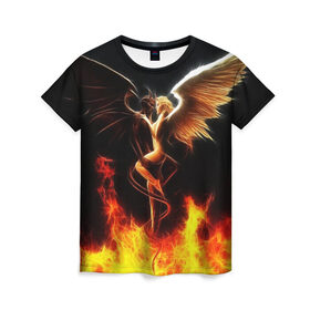 Женская футболка 3D с принтом Angel and demon в Екатеринбурге, 100% полиэфир ( синтетическое хлопкоподобное полотно) | прямой крой, круглый вырез горловины, длина до линии бедер | добро и зло. | крылья | рога | хвост | чистый и тёмный