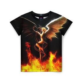 Детская футболка 3D с принтом Angel and demon в Екатеринбурге, 100% гипоаллергенный полиэфир | прямой крой, круглый вырез горловины, длина до линии бедер, чуть спущенное плечо, ткань немного тянется | добро и зло. | крылья | рога | хвост | чистый и тёмный