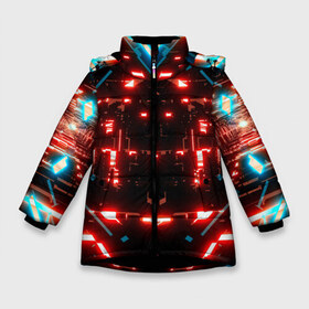 Зимняя куртка для девочек 3D с принтом Neon Lights в Екатеринбурге, ткань верха — 100% полиэстер; подклад — 100% полиэстер, утеплитель — 100% полиэстер. | длина ниже бедра, удлиненная спинка, воротник стойка и отстегивающийся капюшон. Есть боковые карманы с листочкой на кнопках, утяжки по низу изделия и внутренний карман на молнии. 

Предусмотрены светоотражающий принт на спинке, радужный светоотражающий элемент на пуллере молнии и на резинке для утяжки. | blue | cyberpunk2077 | girl | neon | неон | неоновая