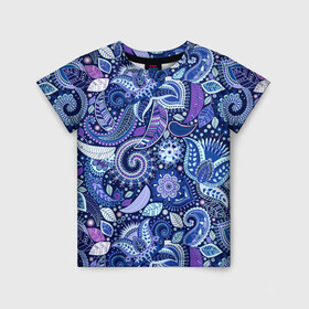 Детская футболка 3D с принтом ВОСТОЧНЫЙ УЗОР в Екатеринбурге, 100% гипоаллергенный полиэфир | прямой крой, круглый вырез горловины, длина до линии бедер, чуть спущенное плечо, ткань немного тянется | восток | гжель | красивый | природа | синий | сказка | узор | фиолетовый | цветы