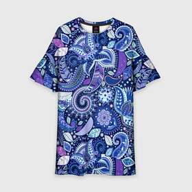 Детское платье 3D с принтом ВОСТОЧНЫЙ УЗОР в Екатеринбурге, 100% полиэстер | прямой силуэт, чуть расширенный к низу. Круглая горловина, на рукавах — воланы | восток | гжель | красивый | природа | синий | сказка | узор | фиолетовый | цветы