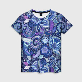 Женская футболка 3D с принтом ВОСТОЧНЫЙ УЗОР в Екатеринбурге, 100% полиэфир ( синтетическое хлопкоподобное полотно) | прямой крой, круглый вырез горловины, длина до линии бедер | восток | гжель | красивый | природа | синий | сказка | узор | фиолетовый | цветы