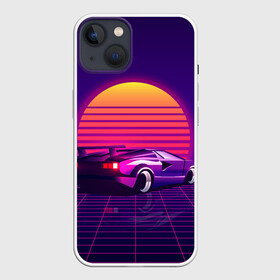 Чехол для iPhone 13 с принтом Ретро Футуризм в Екатеринбурге,  |  | cyberpunk | lamborgini | retrowave | vaporwave | закат | киберпанк | лмборгини | машина | машина в закате | машина на фоне заката | ночь | ретро | ретро футуризм