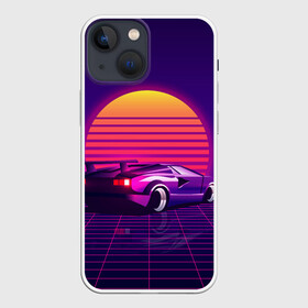 Чехол для iPhone 13 mini с принтом Ретро Футуризм в Екатеринбурге,  |  | cyberpunk | lamborgini | retrowave | vaporwave | закат | киберпанк | лмборгини | машина | машина в закате | машина на фоне заката | ночь | ретро | ретро футуризм