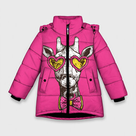 Зимняя куртка для девочек 3D с принтом жираф в очках в Екатеринбурге, ткань верха — 100% полиэстер; подклад — 100% полиэстер, утеплитель — 100% полиэстер. | длина ниже бедра, удлиненная спинка, воротник стойка и отстегивающийся капюшон. Есть боковые карманы с листочкой на кнопках, утяжки по низу изделия и внутренний карман на молнии. 

Предусмотрены светоотражающий принт на спинке, радужный светоотражающий элемент на пуллере молнии и на резинке для утяжки. | графика | животное | жираф | очки | ретро | рисунок жирафа | розовый | сердечки | солнечные очки | хипстер