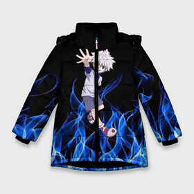Зимняя куртка для девочек 3D с принтом Killua Zoldyck Blue Fire в Екатеринбурге, ткань верха — 100% полиэстер; подклад — 100% полиэстер, утеплитель — 100% полиэстер. | длина ниже бедра, удлиненная спинка, воротник стойка и отстегивающийся капюшон. Есть боковые карманы с листочкой на кнопках, утяжки по низу изделия и внутренний карман на молнии. 

Предусмотрены светоотражающий принт на спинке, радужный светоотражающий элемент на пуллере молнии и на резинке для утяжки. | hunter  hunter | алая иллюзия | гон фрикс | курапика | леорио | молния | огонь | охотник х охотник | персонажи | последняя миссия | хантер | хантер икс хантер | хантер х хантер | хисока