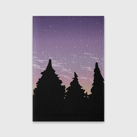 Обложка для паспорта матовая кожа с принтом Лес под ночным небом в Екатеринбурге, натуральная матовая кожа | размер 19,3 х 13,7 см; прозрачные пластиковые крепления | Тематика изображения на принте: вечер | градиент | закат | звездное небо | звезды | лес | небо | очертание | очертание леса | сумерки | тайга | фиолетовый | черный