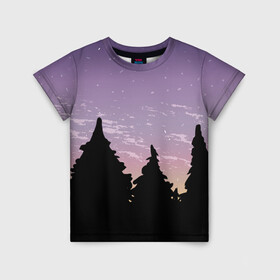 Детская футболка 3D с принтом Лес под ночным небом в Екатеринбурге, 100% гипоаллергенный полиэфир | прямой крой, круглый вырез горловины, длина до линии бедер, чуть спущенное плечо, ткань немного тянется | Тематика изображения на принте: вечер | градиент | закат | звездное небо | звезды | лес | небо | очертание | очертание леса | сумерки | тайга | фиолетовый | черный
