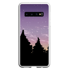 Чехол для Samsung Galaxy S10 с принтом Лес под ночным небом в Екатеринбурге, Силикон | Область печати: задняя сторона чехла, без боковых панелей | вечер | градиент | закат | звездное небо | звезды | лес | небо | очертание | очертание леса | сумерки | тайга | фиолетовый | черный