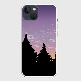 Чехол для iPhone 13 с принтом Лес под ночным небом в Екатеринбурге,  |  | Тематика изображения на принте: вечер | градиент | закат | звездное небо | звезды | лес | небо | очертание | очертание леса | сумерки | тайга | фиолетовый | черный