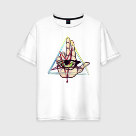 Женская футболка хлопок Oversize с принтом глаз в треугольнике в Екатеринбурге, 100% хлопок | свободный крой, круглый ворот, спущенный рукав, длина до линии бедер
 | глаз | пентаграмма | рука | символика | треугольник