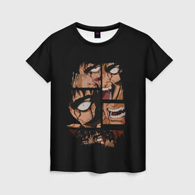 Женская футболка 3D с принтом Берсерк  в Екатеринбурге, 100% полиэфир ( синтетическое хлопкоподобное полотно) | прямой крой, круглый вырез горловины, длина до линии бедер | anime | berserk | аниме | берсерк | глаза | гнев | злой | зубы | манга | персонаж