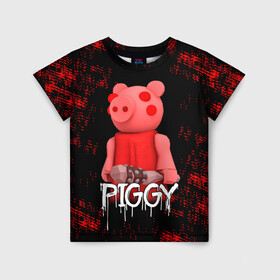 Детская футболка 3D с принтом ROBLOX PIGGY - СВИНКА ПИГГИ в Екатеринбурге, 100% гипоаллергенный полиэфир | прямой крой, круглый вырез горловины, длина до линии бедер, чуть спущенное плечо, ткань немного тянется | pig | piggy | roblox | игра | компьютерная игра | логотип | онлайн | онлайн игра | пигги | поросенок | роблакс | роблокс | свинка | свинья
