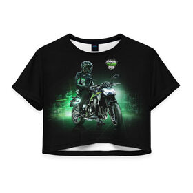 Женская футболка Crop-top 3D с принтом Kawasaki Ninja Cup в Екатеринбурге, 100% полиэстер | круглая горловина, длина футболки до линии талии, рукава с отворотами | cup | helmet | japan | kawasaki | motorcycle | night | ninja | racer | гонщик | кубок | мотоцикл | ночь | шлем | япония