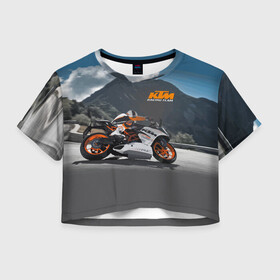 Женская футболка Crop-top 3D с принтом KTM Racing team в Екатеринбурге, 100% полиэстер | круглая горловина, длина футболки до линии талии, рукава с отворотами | clouds | ktm | motorcycle | mountains | nature | racer | racing | route | sky | team | гонщик | горы | мотоцикл | небо | облака | природа | трасса