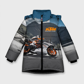 Зимняя куртка для девочек 3D с принтом KTM Racing team в Екатеринбурге, ткань верха — 100% полиэстер; подклад — 100% полиэстер, утеплитель — 100% полиэстер. | длина ниже бедра, удлиненная спинка, воротник стойка и отстегивающийся капюшон. Есть боковые карманы с листочкой на кнопках, утяжки по низу изделия и внутренний карман на молнии. 

Предусмотрены светоотражающий принт на спинке, радужный светоотражающий элемент на пуллере молнии и на резинке для утяжки. | clouds | ktm | motorcycle | mountains | nature | racer | racing | route | sky | team | гонщик | горы | мотоцикл | небо | облака | природа | трасса