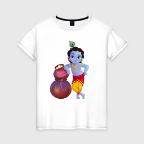 Женская футболка хлопок с принтом Кришна в Екатеринбурге, 100% хлопок | прямой крой, круглый вырез горловины, длина до линии бедер, слегка спущенное плечо | кришна рама харе кришна