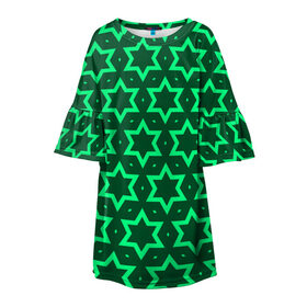Детское платье 3D с принтом Звезда Давида в Екатеринбурге, 100% полиэстер | прямой силуэт, чуть расширенный к низу. Круглая горловина, на рукавах — воланы | вертикальный рисунок | звезда | звезда давида | звёзды | звезды давида | зеленый | зеленый узор | светлый | тёмный | узор