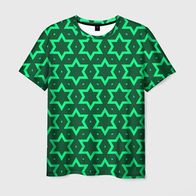 Мужская футболка 3D с принтом Звезда Давида в Екатеринбурге, 100% полиэфир | прямой крой, круглый вырез горловины, длина до линии бедер | вертикальный рисунок | звезда | звезда давида | звёзды | звезды давида | зеленый | зеленый узор | светлый | тёмный | узор