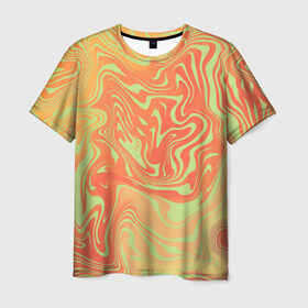 Мужская футболка 3D с принтом Цветные разводы. в Екатеринбурге, 100% полиэфир | прямой крой, круглый вырез горловины, длина до линии бедер | Тематика изображения на принте: абстракция | волны | желтый | кляксы | оранжевый | пятна | салатовый | цветные разводы