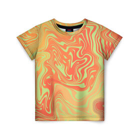 Детская футболка 3D с принтом Цветные разводы. в Екатеринбурге, 100% гипоаллергенный полиэфир | прямой крой, круглый вырез горловины, длина до линии бедер, чуть спущенное плечо, ткань немного тянется | абстракция | волны | желтый | кляксы | оранжевый | пятна | салатовый | цветные разводы