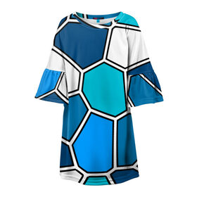 Детское платье 3D с принтом Ледяной витраж в Екатеринбурге, 100% полиэстер | прямой силуэт, чуть расширенный к низу. Круглая горловина, на рукавах — воланы | витраж | геометрия | зенит | сетка | синий | соты | футбол