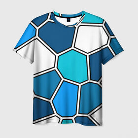 Мужская футболка 3D с принтом Ледяной витраж в Екатеринбурге, 100% полиэфир | прямой крой, круглый вырез горловины, длина до линии бедер | Тематика изображения на принте: витраж | геометрия | зенит | сетка | синий | соты | футбол
