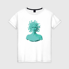 Женская футболка хлопок с принтом Медуза в Екатеринбурге, 100% хлопок | прямой крой, круглый вырез горловины, длина до линии бедер, слегка спущенное плечо | бюст | животные | змеи | медуза | медуза горгона | мифы | монстр | портрет | статуя | человек