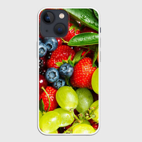 Чехол для iPhone 13 mini с принтом Фруктовый рай в Екатеринбурге,  |  | виноград | ежевика | клубника | лимон | смородина
