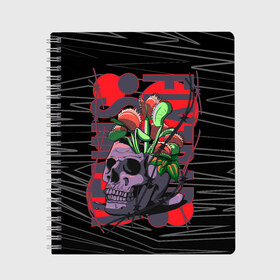 Тетрадь с принтом Венерина мухоловка в черепе в Екатеринбурге, 100% бумага | 48 листов, плотность листов — 60 г/м2, плотность картонной обложки — 250 г/м2. Листы скреплены сбоку удобной пружинной спиралью. Уголки страниц и обложки скругленные. Цвет линий — светло-серый
 | afterlife | cracked skull | dead | death | gore | grave | nature | plants | skull art | streetart | tattoo | venus flytrap | жесть | мухоловка | растения | скелет | скилет | судьба | фатализм | фаталист | хищные цветы | цве