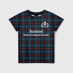 Детская футболка 3D с принтом Шотландия в Екатеринбурге, 100% гипоаллергенный полиэфир | прямой крой, круглый вырез горловины, длина до линии бедер, чуть спущенное плечо, ткань немного тянется | england | scotland | англия | великобритания | волынка | девиз | килт | клан | клетка | королевство | шотландия | шотландка