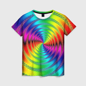 Женская футболка 3D с принтом Цветной гипноз в Екатеринбурге, 100% полиэфир ( синтетическое хлопкоподобное полотно) | прямой крой, круглый вырез горловины, длина до линии бедер | насыщенные цвета | радуга | спираль | цвет | цвета | яркие цвета | ярко