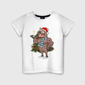 Детская футболка хлопок с принтом Новогодний Бык в Екатеринбурге, 100% хлопок | круглый вырез горловины, полуприлегающий силуэт, длина до линии бедер | Тематика изображения на принте: 