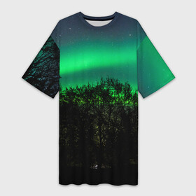 Платье-футболка 3D с принтом Северное сияние в Екатеринбурге,  |  | звездное небо | лес | пейзаж. | северное сияние