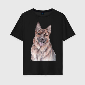 Женская футболка хлопок Oversize с принтом Овчарка в Екатеринбурге, 100% хлопок | свободный крой, круглый ворот, спущенный рукав, длина до линии бедер
 | акварель | животные | звери | краски | овчарка | песокафе | питомцы | рисунок | собаки